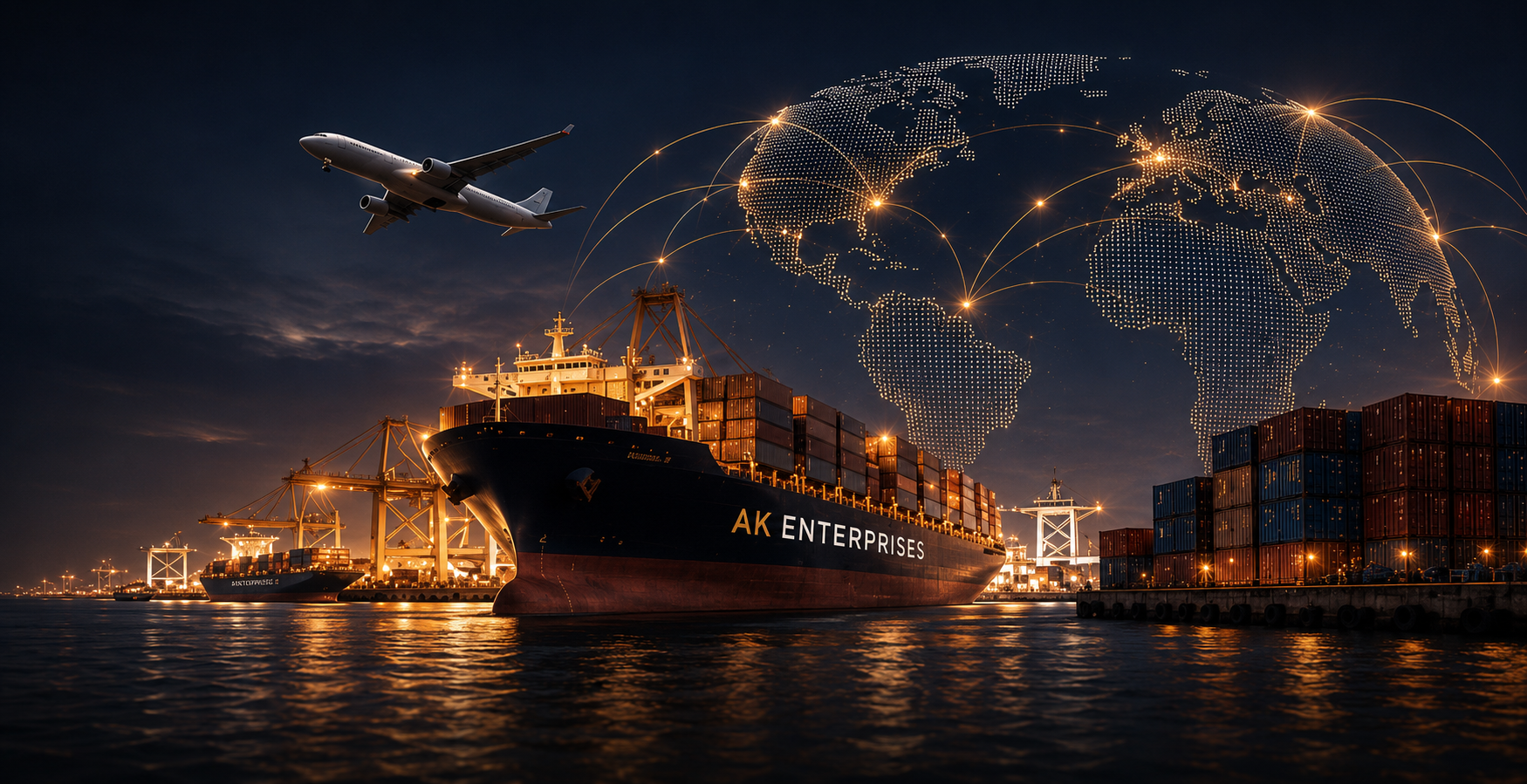 AK Enterprises global import export shipping port at dusk with container vessel